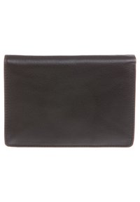 Zwarte leren portemonnee, rechthoekige vorm, gestructureerde afwerking, strak ontwerp, gladde randen en geen zichtbare hardware of accenten.