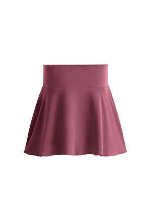 Hoch taillierter ausgestellter Rock aus Staubrosé-Stoff mit glatter Textur und breitem Bund.