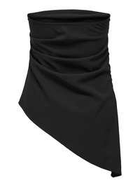 Musta rypytetty kangashuivi, jossa epäsymmetrinen muotoilu ja sileä pinta; pehmeä, joustava materiaali mahdollistaa säädettäv än istuvuuden.