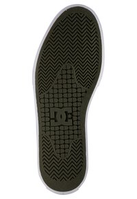 Suela de zapatilla DC en goma verde oscura con un patrón texturizado, que presenta gráficos de espiga y cuadrados; borde blanco alrededor del borde.