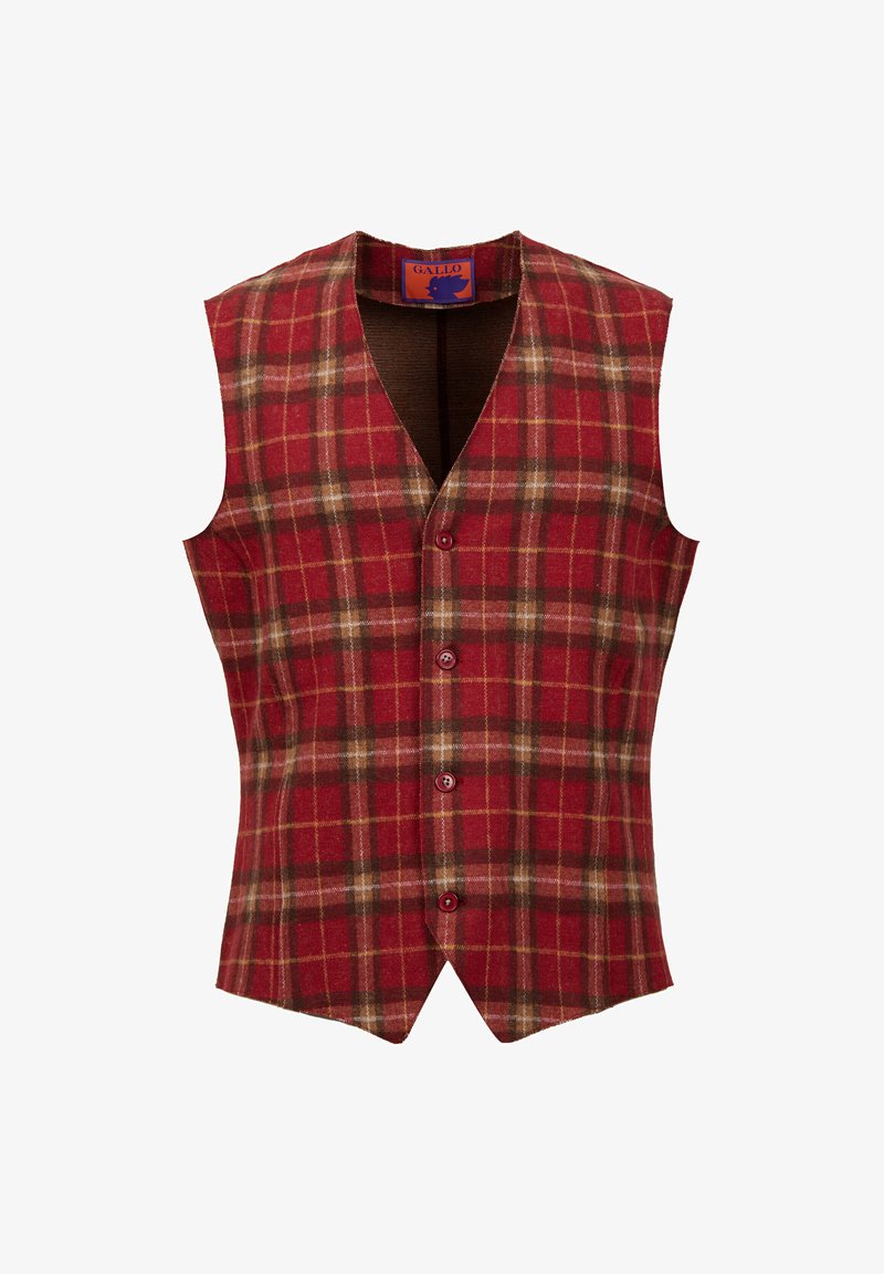 Red plaid vest made of fabric, featuring a V-neck, no sleeves, with brown and beige accents, and six front buttons. Label visible inside.