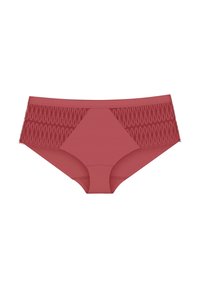 Roze damesonderbroek met een effen voorkant en een gestructureerd kantpaneel met een luspatroon aan de zijkanten. Ontwerp van rekbare stof.