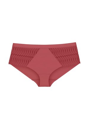 Rose-colored women's brief featuring a solid front and a textured lace panel with a looping pattern on the sides. Stretch fabric design.