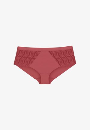 Culotte féminine rose avec un devant uni et un panneau en dentelle texturée avec un motif en boucle sur les côtés. Conception en tissu extensible.