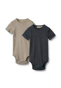 Två kortärmade bodysuits i beige och mörkblått, tillverkade av ribbad bomull, med tryckknappar vid axeln och nederkant.