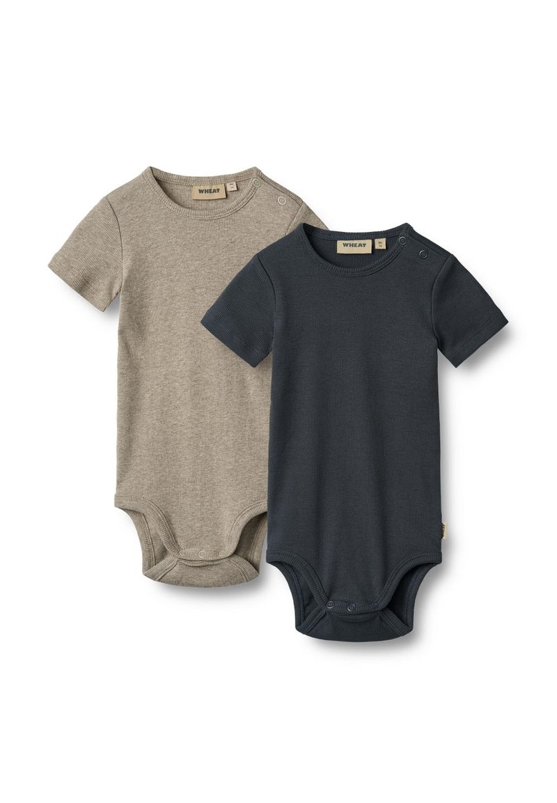 Två kortärmade bodysuits i beige och mörkblått, tillverkade av ribbad bomull, med tryckknappar vid axeln och nederkant.