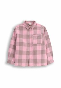 Koszula z długim rękawem w różowo-brązową kratkę, z kołnierzykiem, kieszonką i postrzępionym dołem. Wykonana z lekkiego materiału.