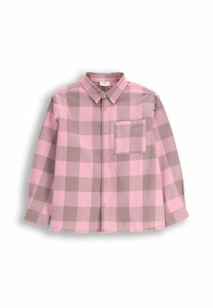 Koszula z długim rękawem w różowo-brązową kratkę, z kołnierzykiem, kieszonką i postrzępionym dołem. Wykonana z lekkiego materiału.