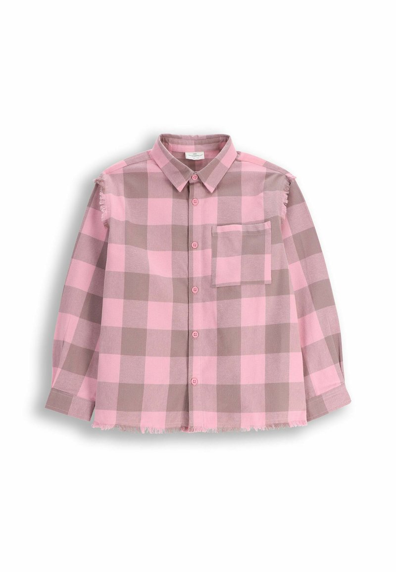 Koszula z długim rękawem w różowo-brązową kratkę, z kołnierzykiem, kieszonką i postrzępionym dołem. Wykonana z lekkiego materiału.