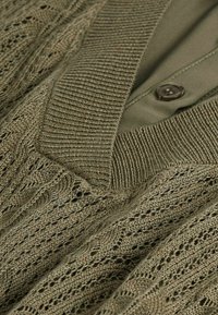Pull en maille vert olive texturé avec motifs torsadés et col en V côtelé porté sur une chemise boutonnée.