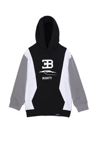 Felpa con cappuccio realizzata con blocchi di tessuto neri, bianchi e grigi. Presenta il logo "EB" e "BUGATTI" con una grafica di un'auto sulla parte anteriore.