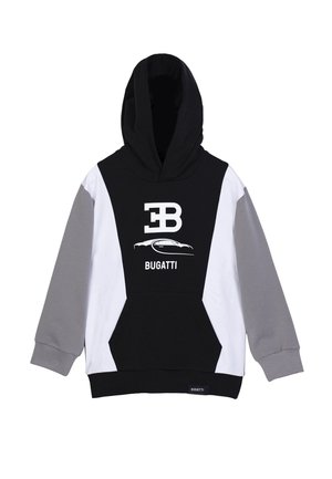 Felpa con cappuccio realizzata con blocchi di tessuto neri, bianchi e grigi. Presenta il logo "EB" e "BUGATTI" con una grafica di un'auto sulla parte anteriore.