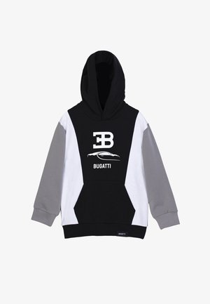 Felpa con cappuccio realizzata con blocchi di tessuto neri, bianchi e grigi. Presenta il logo "EB" e "BUGATTI" con una grafica di un'auto sulla parte anteriore.