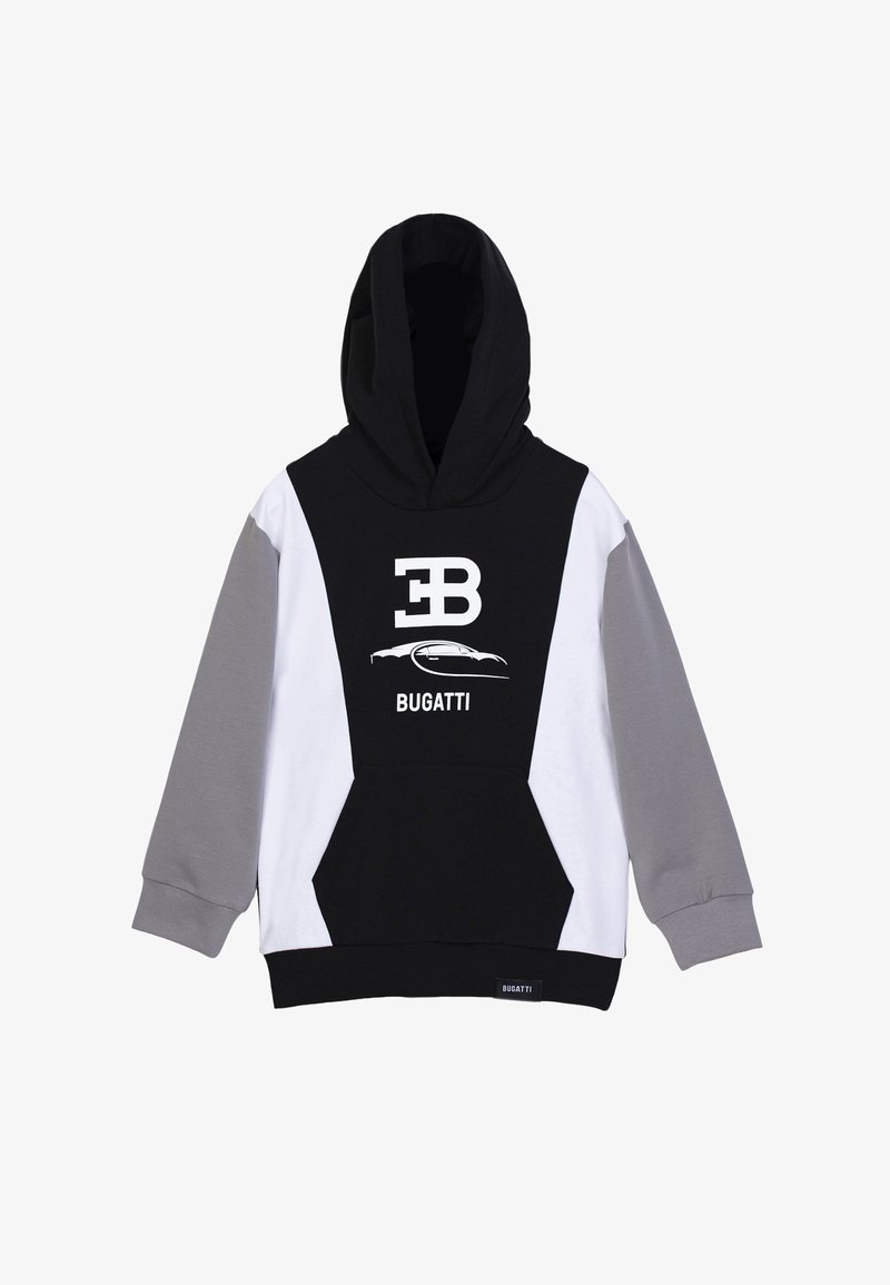 Felpa con cappuccio realizzata con blocchi di tessuto neri, bianchi e grigi. Presenta il logo "EB" e "BUGATTI" con una grafica di un'auto sulla parte anteriore.