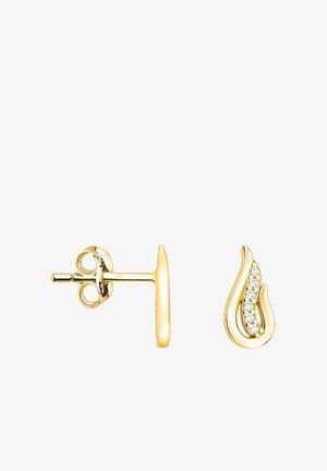 Złote kolczyki-wkrętki o płynnej, falistej formie z pięcioma małymi osadzonymi przezroczystymi kryształkami, które dodają blasku.