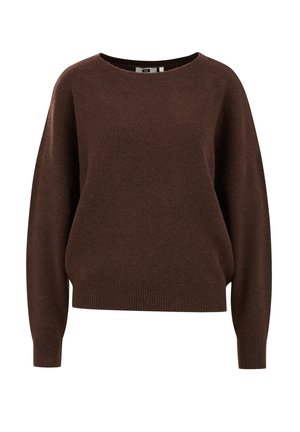 Brauner, oversized Pullover aus weichem, strukturiertem Stoff. Rundhalsausschnitt, fallende Schultern, gerippte Bündchen und Saum.