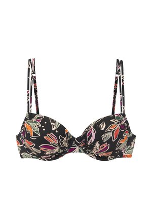 Black bra with adjustable double straps featuring a multicolor floral pattern in orange, purple, green, and white.