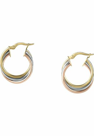 Guldtonede hoops med sammenflettede bånd i rosafine, sølv- og guldfarver. Glat metalfinish, sikret med en låsning bagpå.