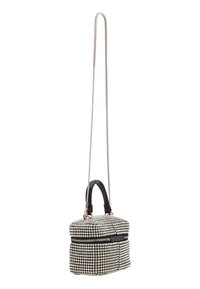 Borsa in bianco e nero con brillanti strass, forma strutturata, tracolla metallica staccabile e doppi manici superiori. Chiusura a zip.