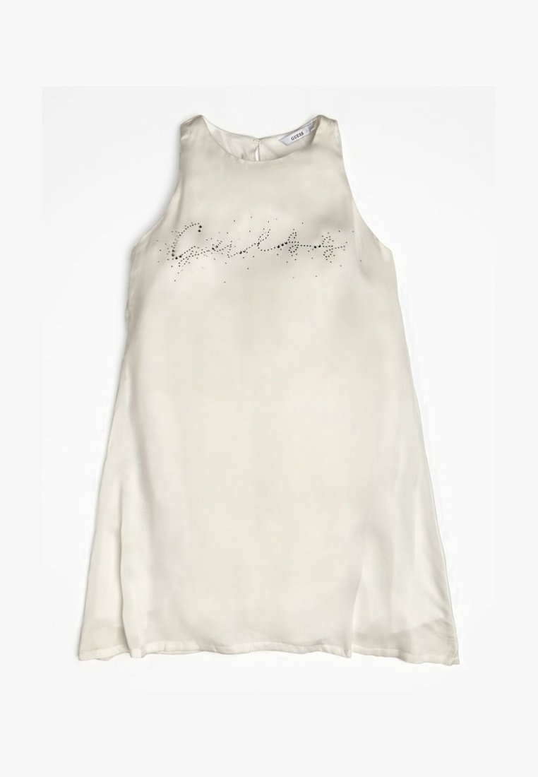 Ärmelloses Kleid in Cremefarben aus glattem Stoff mit leicht transparentem Finish. Verziert mit Strasssteinen auf der Vorderseite und einem Schriftzugdesign.