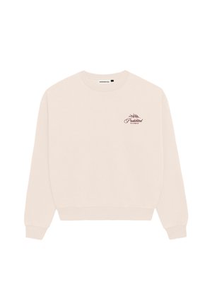 Beige Crewneck-Sweatshirt mit langen Ärmeln, gerippten Bündchen und Saum sowie kleinem burgunderfarbenem Logo-Text und Design auf der linken Brust.