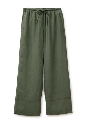 Pantalon large vert olive avec taille élastique et cordon, avec ourlets revers et poches latérales.