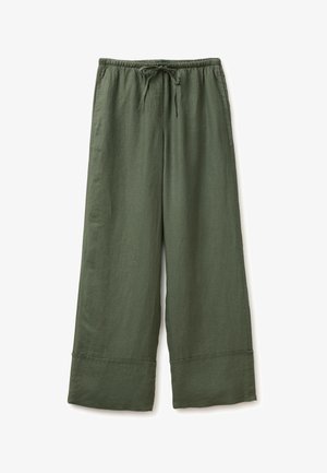 Pantalon large vert olive avec taille élastique et cordon, avec ourlets revers et poches latérales.