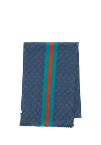 Écharpe tissée avec une base bleu marine présentant un motif géométrique, rehaussée par un détail central à rayures turquoise et marron. Bords fringés.