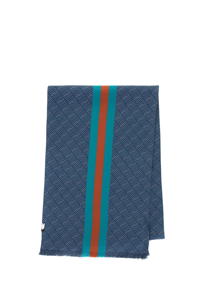 Écharpe tissée avec une base bleu marine présentant un motif géométrique, rehaussée par un détail central à rayures turquoise et marron. Bords fringés.