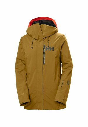 Geelbruin waterdichte jas met een rode binnenkap. Bevat een voorzak met rits, een verstelbare kap en gestikte accenten.