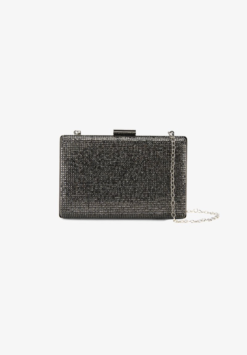 Pochette rectangulaire avec une surface texturée noire, ornée d'accents métalliques et d'une chaîne en acier inoxydable amovible.