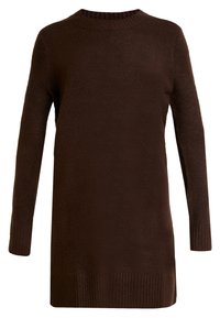 Hnědý pletený svetr-dress s kulatým výstřihem, dlouhými rukávy a vroubkovanými manžetami a lemem, s texturovaným povrchem a uvolněným střihem.