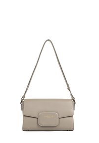 Borsa a tracolla in pelle grigia con logo in rilievo dorato, forma rettangolare, chiusura a flap, tracolla regolabile e texture liscia.