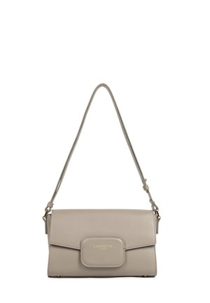 Gray leather handbag with a gold-embossed logo, rectangular shape, flap closure, adjustable strap, and a smooth texture.