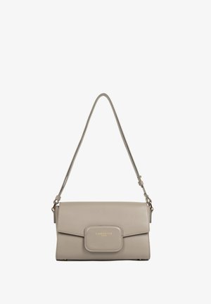 Gray leather handbag with a gold-embossed logo, rectangular shape, flap closure, adjustable strap, and a smooth texture.