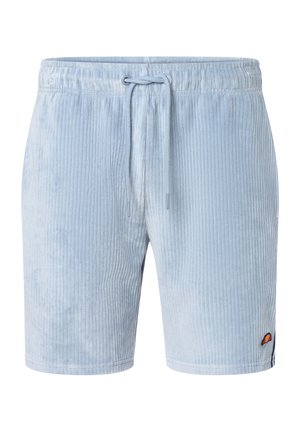 Lichtblauwe corduroy shorts met elastische tailleband, trekkoord en klein rood-oranje logo op het linkerbeen.
