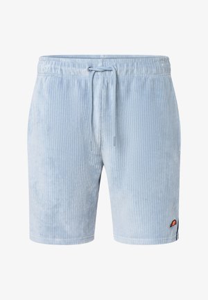 Lichtblauwe corduroy shorts met elastische tailleband, trekkoord en klein rood-oranje logo op het linkerbeen.