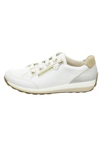 White leather sneaker featuring a rounded toe, decorative side zipper, and light beige accents on the heel with a textured rubber sole.
