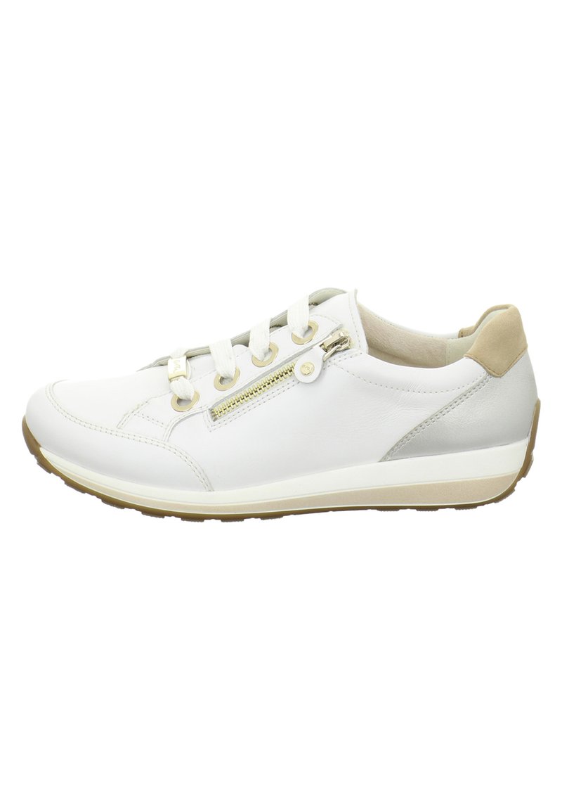 White leather sneaker featuring a rounded toe, decorative side zipper, and light beige accents on the heel with a textured rubber sole.