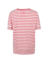 Rot-weißer gestreifter T-Shirt mit kurzen Ärmeln und rundem Ausschnitt. Auf der Rückseite befindet sich ein kleines Etikett in Form eines pinken Herzens. Hergestellt aus weichem Stoff.