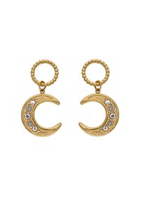 Náušnice ve tvaru zlatého půlměsíce s pěti čistými skleněnými kamínky, korálkovými ozdobami a lesklým povrchem; lehké s jemným designem.