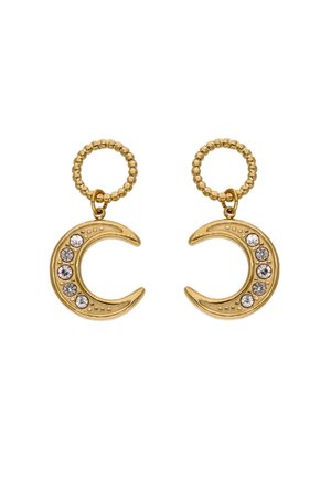 Náušnice ve tvaru zlatého půlměsíce s pěti čistými skleněnými kamínky, korálkovými ozdobami a lesklým povrchem; lehké s jemným designem.