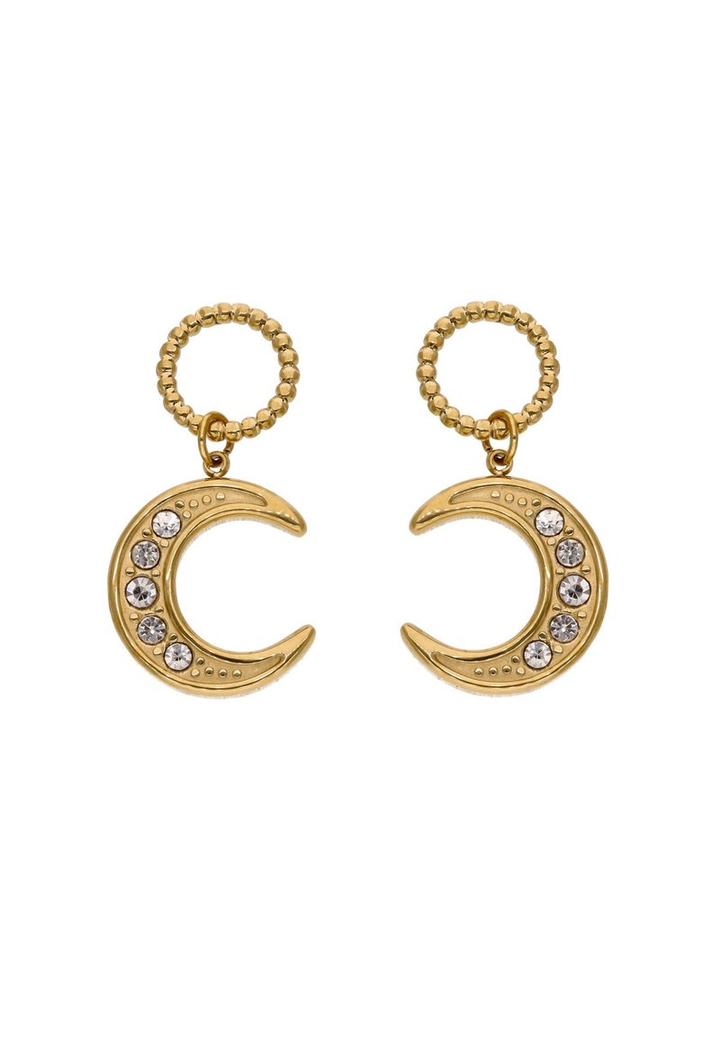 Náušnice ve tvaru zlatého půlměsíce s pěti čistými skleněnými kamínky, korálkovými ozdobami a lesklým povrchem; lehké s jemným designem.