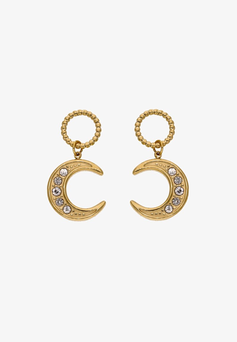 Náušnice ve tvaru zlatého půlměsíce s pěti čistými skleněnými kamínky, korálkovými ozdobami a lesklým povrchem; lehké s jemným designem.