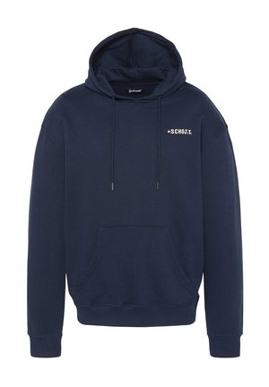 Felpa con cappuccio color blu navy realizzata in tessuto con una consistenza morbida. Caratterizzata da una tasca frontale e cappuccio regolabile con cordino, presenta un logo sul petto.