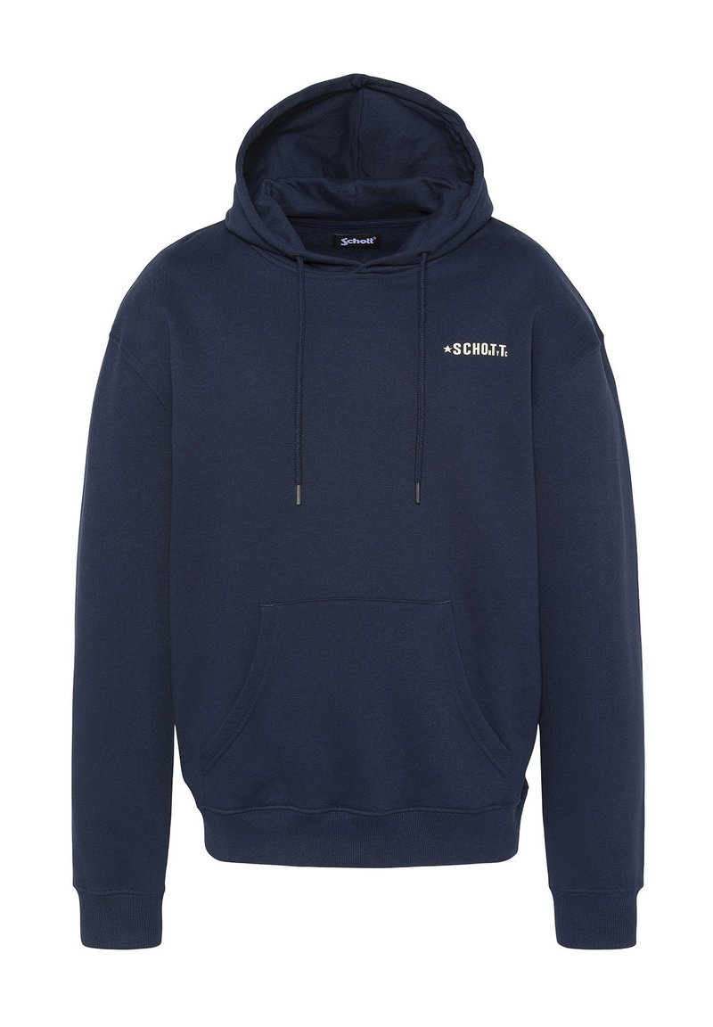 Felpa con cappuccio color blu navy realizzata in tessuto con una consistenza morbida. Caratterizzata da una tasca frontale e cappuccio regolabile con cordino, presenta un logo sul petto.
