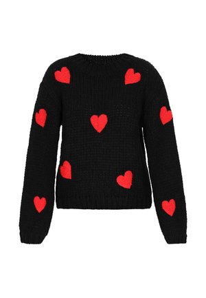 Pulover negru din tricot, cu aplicații de inimi din fetru roșu dispersate, guler ribberat și mâneci lungi, cu o croială lejeră.
