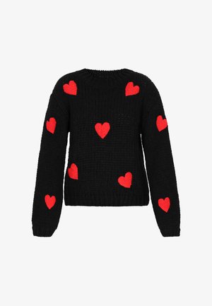 Pulover negru din tricot, cu aplicații de inimi din fetru roșu dispersate, guler ribberat și mâneci lungi, cu o croială lejeră.
