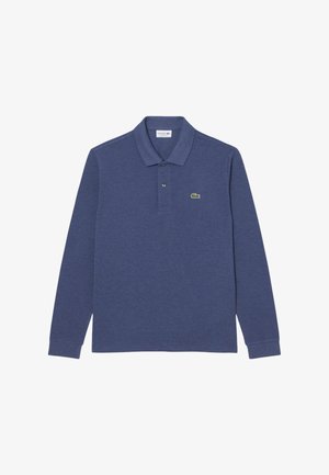 Langärmeliges Poloshirt aus marineblauer Baumwolle mit einem Zwei-Knopf-Verschluss und einem grünen, gestickten Logo auf der linken Brust. Einfarbig, ohne Muster.