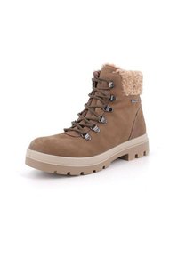 Stivale da trekking in suede marrone con colletto in morbido tessuto beige, occhielli in metallo e chiusura con lacci. Dotato di una suola in gomma resistente con battistrada profondo.